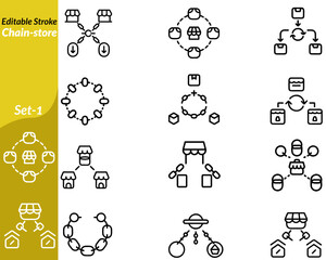 A symbol of a storefront repeated in a line, representing retail chains, uniform branding, franchising, large-scale distribution, multi-location shops, consumer goods, and commercial consistency.