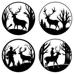 Silhouette illustrations of deer in nature scenes with hunters and trees in circular designs