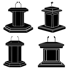 Four black and white podiums with microphones in various styles and different perspectives on a white backdrop