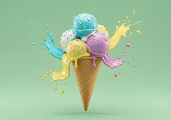 Deliciously Colorful Ice Cream Cone with Playful Splashes of Flavorful Toppings