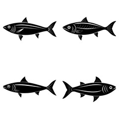 Four black fish swimming in different directions on a white background in a simple vector illustration