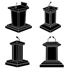 Illustration showcasing four distinct podiums each equipped with a microphone in a monochrome style