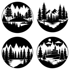 Four circular nature scenes featuring trees, mountains, cityscapes, and water in black and white color scheme