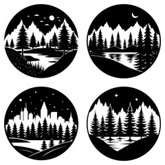 Four circular scenes depicting nature and cityscapes with trees, mountains, and water elements in black and white