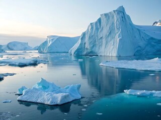 Icebergs floating in arctic sea under blue sky high resolution photo
