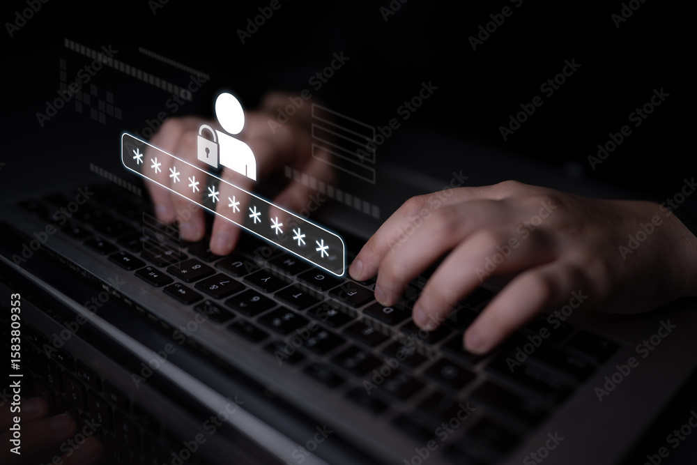 Poster user authentication and password protection concept showing secure login, privacy safeguard, data pr