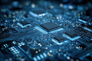 Innovative high tech circuit board background showcasing intricate electronic components and mesmerizing blue lighting