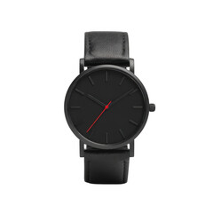 Black wristwatch with red second hand isolated on transparent background