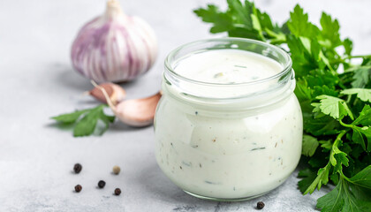 Glass jar of homemade ranch dressing with fresh herbs and garlic. Savory sauce for food.
