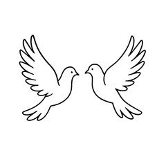 Fototapeta premium Two stylized black outline doves in flight facing each other, isolated 