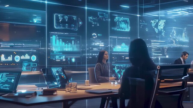 Analysts gather in dim room where blue screens bloom, data streams build bright analysis hub matrix while quiet voices guide deep analysis hub review across vast analysis hub wall. 