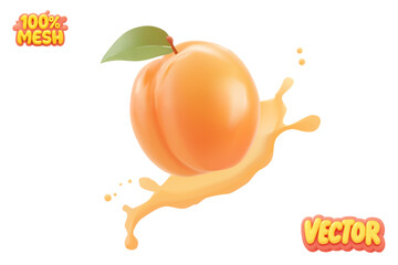Vector apricot with juice splash isolated on white background.