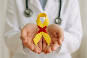 World hepatitis day ribbon awareness concept featuring yellow and red support ribbon in open doctor hands to promote global liver health