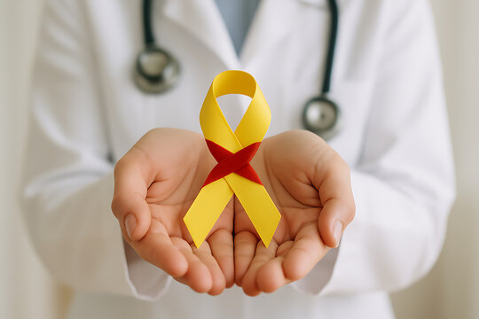 World hepatitis day ribbon awareness concept featuring yellow and red support ribbon in open doctor hands to promote global liver health