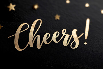 Golden 'Cheers!' lettering on textured black surface with metallic star accents, festive and bold for greeting card, holiday typography, party design, festive message, luxury decor, celebration layout