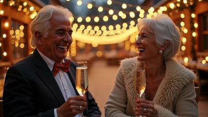 Senior couple celebrating with champagne toasts at evening holiday dinner party, romantic festive moment for family, love, anniversary, and aging lifestyle content. 4K, motion