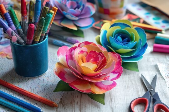 Colorful paper flower crafts on a work table featuring vibrant designs and various crafting supplies during a creative session