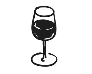 Glass of red wine hand drawn in black outline. Vector illustration of wine glass icon isolated on white background. Winemaking and wine tasting concept