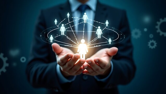 Network of consumers in the hands. Network of consumers in businessman hands with copy space..