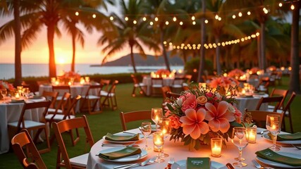 Elegant tropical beachside dinner setup with glowing lights and floral decor at golden sunset, ideal for travel, resort and romantic destination themes. 4K, motion
