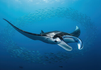 Manta ray swims among swirling school of fish in clear blue sea, highlighting marine wildlife and underwater biodiversity.