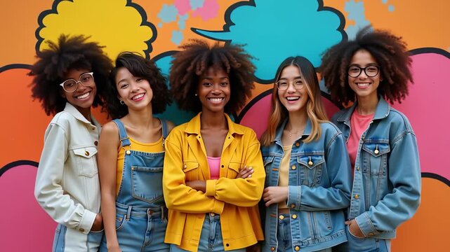 Group of happy diverse teenage girls in denim and colorful outfits smiling against bright mural background, perfect for youth, friendship and fashion content. 4K, motion