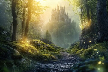 A mystical forest pathway leading to an enchanting castle at dawn