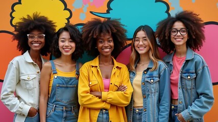 Smiling multiracial teenage girls posing together in stylish casual clothes in front of vibrant street mural, ideal for youth culture and diversity visuals. 4K, motion