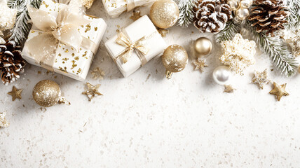 Elegant Holiday Layout Featuring White Backdrop with Gold Ribbons and Gift Boxes for High-End Christmas Presentation