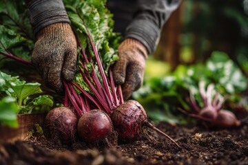 Freshly harvested organic beets with vibrant green tops collected by hands in a lush garden during late afternoon