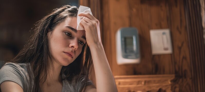 The young woman showing signs of stress and emotional fatigue in a home setting.