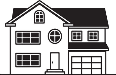 Stylized black and white outline of a two story residential house with garage isolated on transparent background