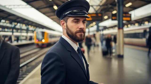 Professional Train Officer in Uniform Standing on a Busy Railway Platform with Modern Trains