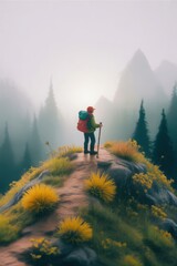 Fototapeta premium Lone hiker atop a misty mountain peak