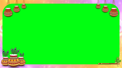 beautiful decoration of janmashtami festival with dahi handi and pot on green screen.