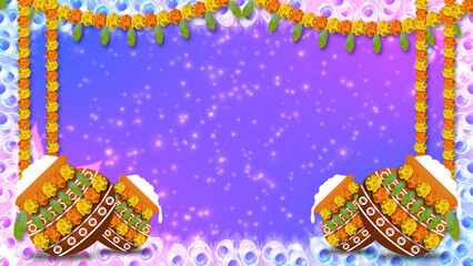 dahi handi and flower decoration with peacock feathers background for janmashtami festival celebration.