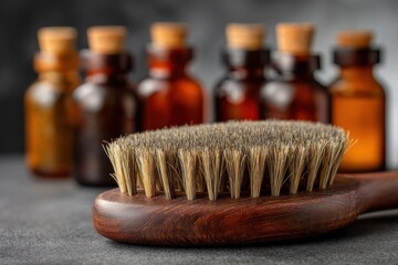 Wooden beard brush with natural bristles next to amber bottles of grooming oils on a dark background in a cozy grooming space