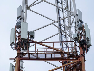 Telecommunication tower with equipment installed for data transmission in overcast weather at a remote location