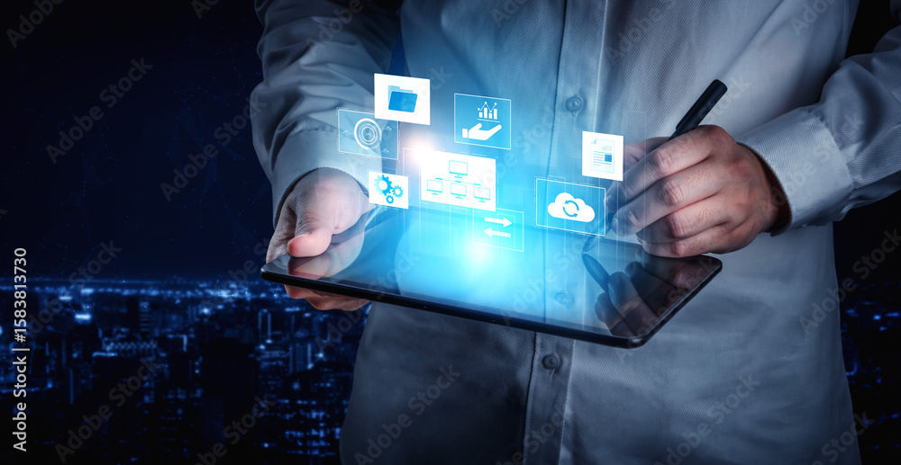 Poster digital business infrastructure with data system, analytics, sync. system management improves access