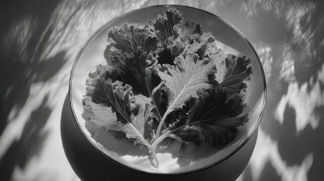 Close-up grayscale image of kale leaves on a plate, illuminated by sunlight