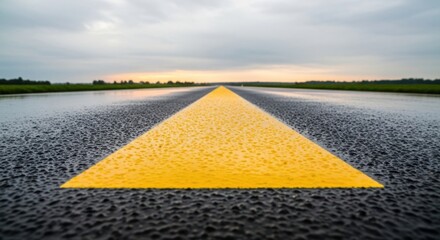 A yellow line stretches across a wet asphalt road on a cloudy day