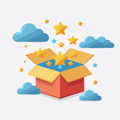 Open box filled with yellow Stars and Blue Clouds Illustration