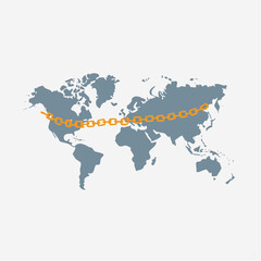 World map showing a major shipping route as a broken, disconnected chain