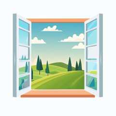Open window reveals a painted landscape of rolling green hills in Tuscany