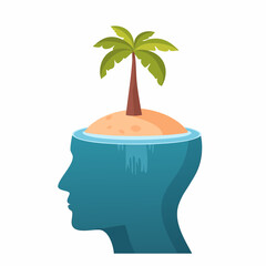 Human head submerged underwater forming island with palm tree