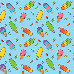 A cheerful seamless pattern featuring vibrant ice cream cones, popsicles, and sprinkles on a bright blue background. Perfect for summer-themed designs, children's products, wrapping paper