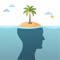 Palm tree on an island atop a submerged human head in the ocean