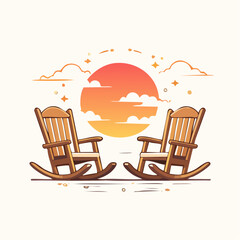 Two rocking chairs offer a view of sunset on a front porch in evening