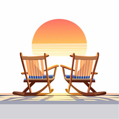 Two rocking chairs face an evening sunset on a wooden porch
