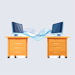 Two workstations on wooden desks linked by flowing Data Stream
